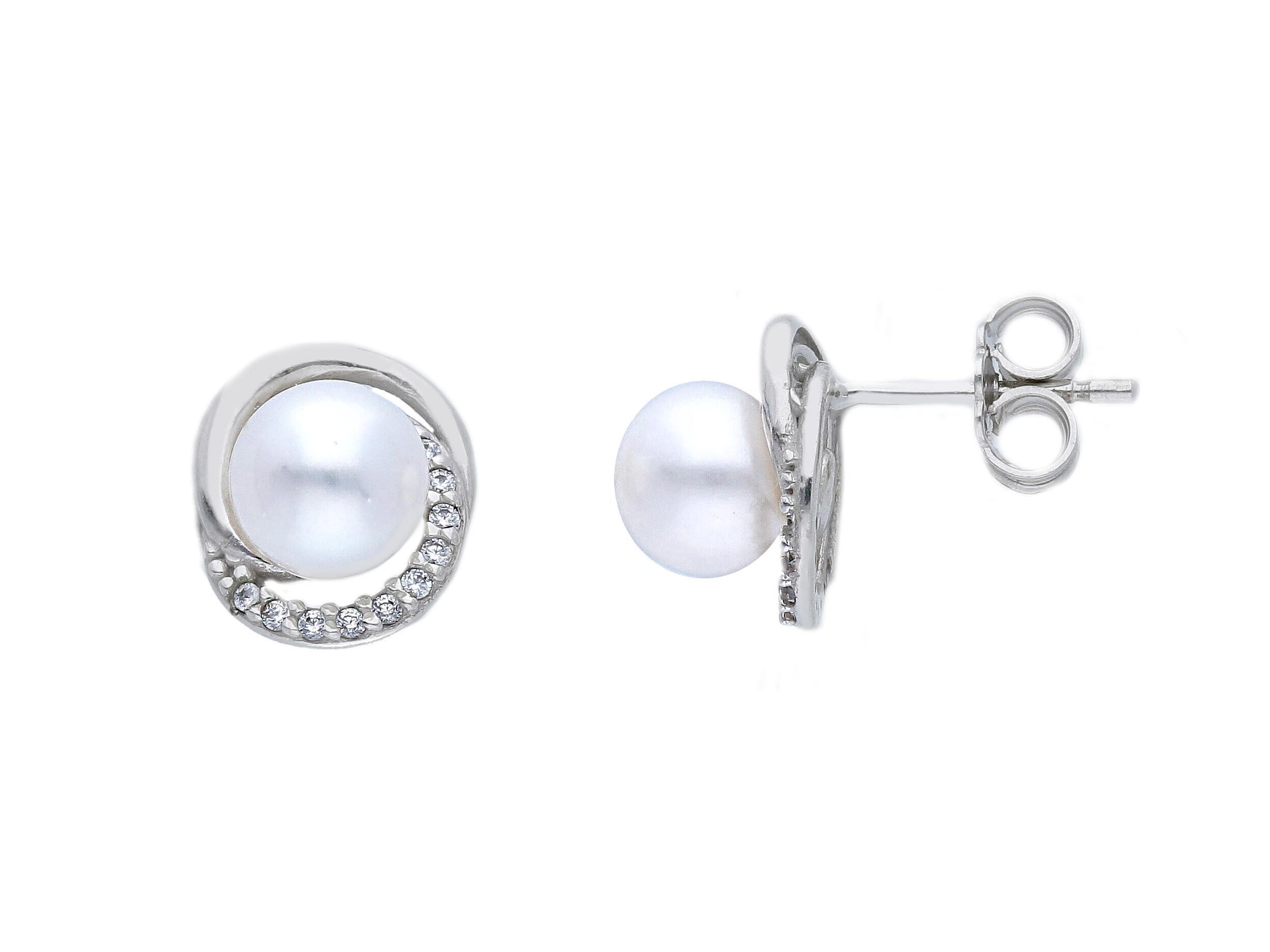 Λευκόχρυσα σκουλαρίκια κ9 με μαργαριτάρια & ζιργκόν (code S173611)